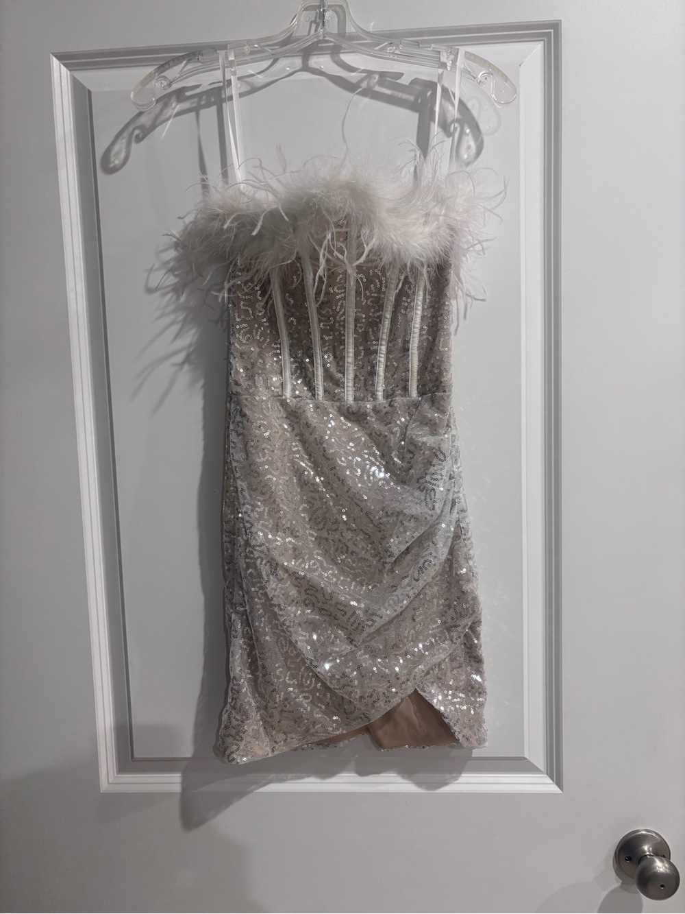 Windsor Champagne Sequin Strapless Feather Trim Mini Dress